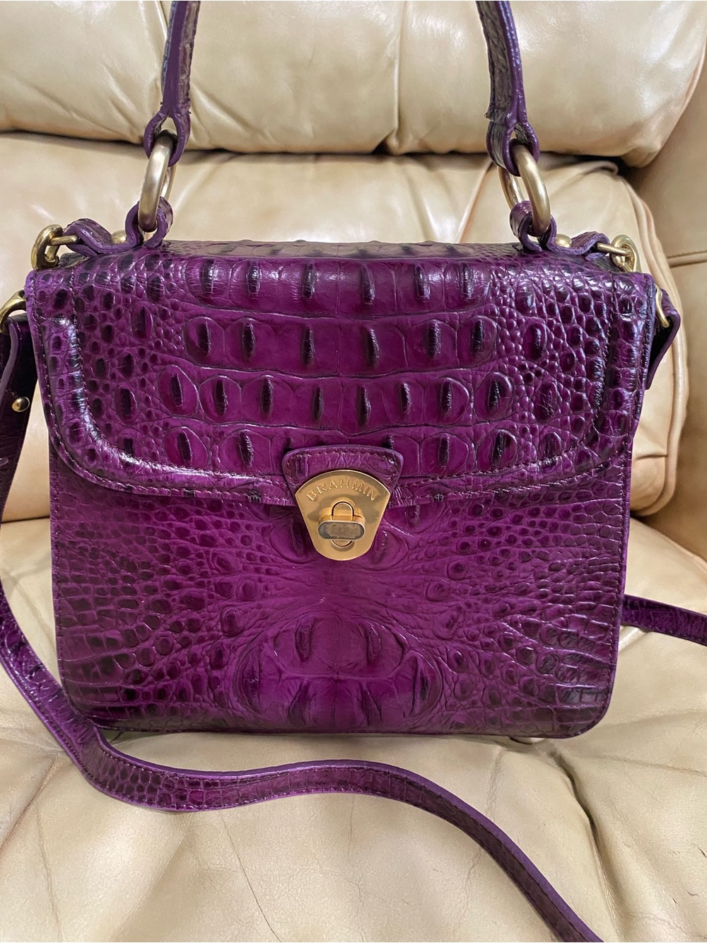 Rare Brahmin DARK IRIS Purple Double Rose Charm Fob Tassel & crossbody Vintage - Picture 5 of 16